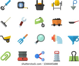 Color flat icon set concrete mixer flat vector, tape measure, construction plummet, frying pan, whisk, double boiler, grater, pitchfork, rake, hose irrigation, garden wheelbarrow, wrench, mining