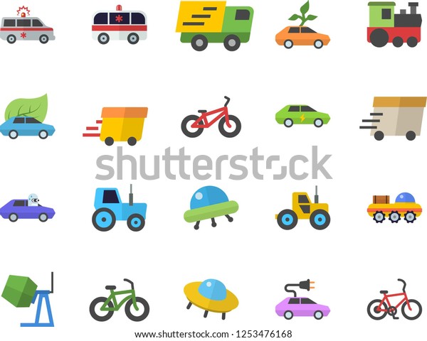 Color flat icon set\
concrete mixer flat vector, tractor, eco cars, electric, autopilot,\
trucking, express delivery, ambulance, lunar rover, ufo, bicycle,\
train fector