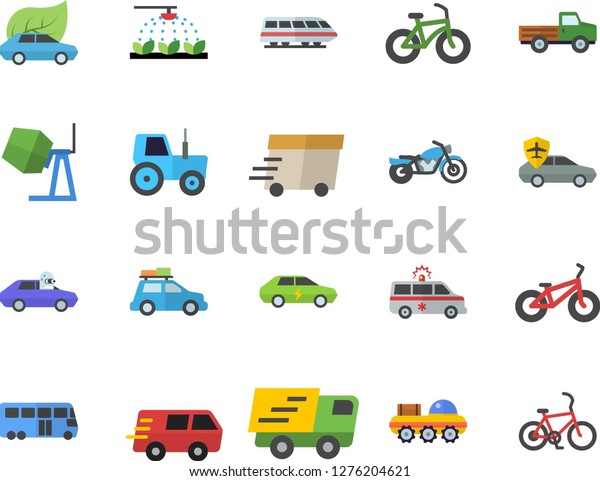 Color flat icon set concrete mixer flat vector,\
pickup truck, tractor, sprinkling machine, eco cars, electric,\
autopilot, trucking, express delivery, ambulance, lunar rover,\
bicycle, train fector