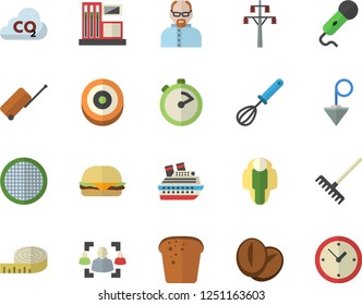 Color flat icon set construction plummet flat vector, whisk, stopwatch, sieve, bread, hamburger, coffee beans, rake, gas station, power line support, carbon dioxide, recruitment, scientist, target