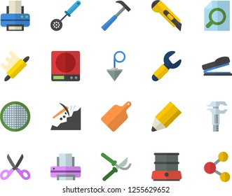 Color flat icon set construction plummet flat vector, stationery knife, hammer, weighing machine, kitchen spoon, scissors, rolling pin, cutting board, double boiler, sieve, secateurs, wrench, mining