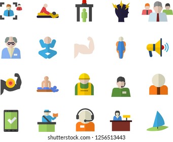 Color flat icon set construction worker flat vector, person, team, telephone operator, massage, headache, recruitment, scientist, muscles, yoga, size, control gate fector, passport, check in