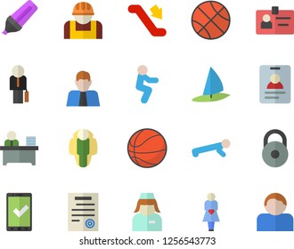 Color flat icon set construction worker flat vector, person, marker, gestation, nurse, badge, office, contract, businessman, weight, basketball, squats, push up, lose, escalator fector, check in