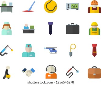 Color flat icon set construction plummet flat vector, worker, welding, case, telephone operator, physician, helicopter, nurse, scalpel, office, tie, agreement, businessman, oscilloscope, tennis ball