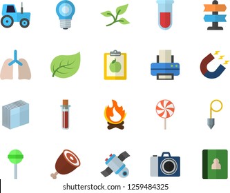 Color flat icon set construction plummet flat vector, ham, lollipop, tractor, bonfire, tree leaf, lamp, magnet, blood test, lungs, sticker, printer, satellit, diet, camera fector, pointer, notebook