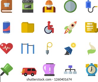 Color flat icon set construction plummet flat vector, electric kettle, stove, cookbook, sieve, lemonade, solar battery, worker, trucking, medical warmer, disabled, stomach, drawing pin, document