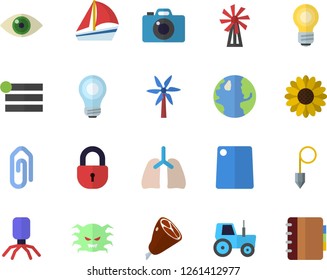 Color flat icon set construction plummet flat vector, cutting board, ham, windmill, flower, tractor, earth, sailboat, virus, lungs, bulb, menu, clip, lock, eye, camera, notebook