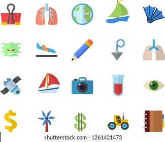 Color flat icon set construction plummet flat vector, windmill, tractor, earth, dollar, sailboat, blood test, virus, lungs, pencil, satellit, arrival fector, flippers, binder clip, eye, camera