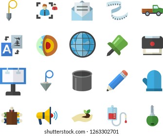 Color flat icon set construction plummet flat vector, potholder, pickup truck, seedlings, pipe production, billboard, earth, blood transfusion, drawing pin, recruitment, meeting, pencil, stamp, key