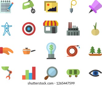 Color flat icon set construction plummet flat vector, saute, potholder, mixer, onion, hose, forest, power line support, plant, store front, idea, notepad, chart, robot hand, skateboard, target, eye