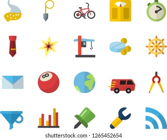 Color flat icon set construction plummet flat vector, stopwatch, crane, dividers, wrench, funnel, trucking, pills, stomach, drawing pin, statistic, tie, mail, spark, bowling ball, weighing machine