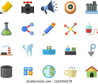 Color flat icon set construction plummet flat vector, main pipeline, chemistry, earth, factory, hydroelectric power station, pipe production, mouthpiece, calculator, blood transfusion, broken tooth