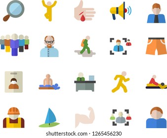 Color flat icon set construction worker flat vector, person, team, massage, injury, recruitment, office, scientist, muscles, athletic shorts, gymnastics, run, indentity card fector, hike, mouthpiece