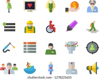 Color flat icon set construction worker flat vector, welding, target audience, marker, investments, team, telephone operator, computer diagnostics of health, disabled, physician, headache, gestation