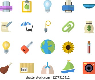 Color flat icon set construction plummet flat vector, ham, flower, earth, wealth, barcode, sailboat, blood test, lungs, printer, bulb, hostory roll, diet, sea beach fector, chaise lounge, clip, key
