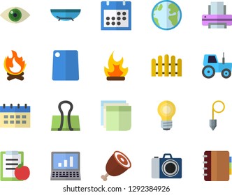 Color flat icon set construction plummet flat vector, cutting board, ham, tractor, fence, bonfire, earth, calendar, sticker, printer, bulb, computer, diet, sea beach fector, camera, binder clip, eye