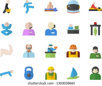 Color flat icon set construction worker flat vector, telephone operator, massage, phone, office, businessman, scientist, astronaut helmet, weight, muscles, yoga, gymnastics, push up, passport