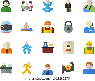 Color flat icon set construction worker flat vector, person, massage, injury, recruitment, phone operator, office, businessman, astronaut helmet fector, weight, muscles, yoga, gymnastics, run, user