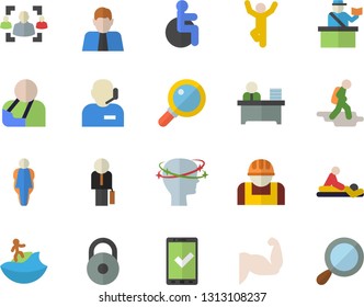 Color flat icon set construction worker flat vector, person, disabled, massage, injury, headache, recruitment, phone operator, office, businessman, weight, muscles, gymnastics, size, hike fector