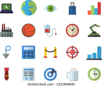 Color flat icon set construction plummet flat vector, plant, robotics, earth, chart, blood transfusion, eye, coffee, calculator, target, tie, laptop, contract, basketball, VIP area fector, luggage
