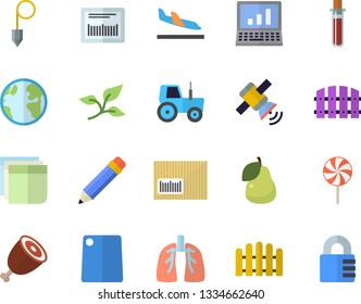 Color flat icon set construction plummet flat vector, cutting board, ham, lollipop, pear, tractor, fence, tree leaf, earth, barcode, blood test, lungs, sticker, pencil, satellit, computer, lock