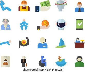 Color flat icon set construction worker flat vector, person, investments, disabled, headache, phone operator, businessman, scientist, astronaut helmet fector, muscles, gymnastics, push up, check in