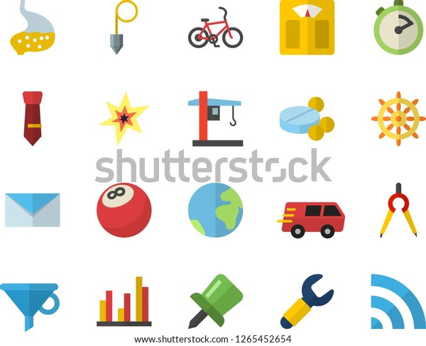 Color flat icon set construction plummet flat\
vector, stopwatch, crane, dividers, wrench, funnel, trucking,\
pills, stomach, drawing pin, statistic, tie, mail, spark, bowling\
ball, weighing machine