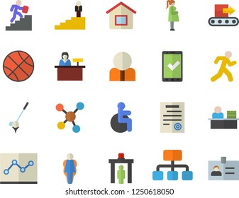 Color flat icon set conveyor flat vector, hierarchy, person, disabled, gestation, molecules, office worker, point diagram, contract, career ladder, basketball, run, size, control gate fector, golf