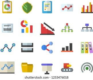 Color flat icon set conveyor flat vector, graphic report, crisis, statistics, scatter chart, flipchart, barcode, statistic, computer file, folder, point diagram, paper tray, classification, share
