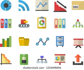 Color flat icon set conveyor flat vector, graphic report, crisis, chart, scatter, flipchart, barcode, clircle diagram, computer file, folder, point, archive, folders for papers, classification