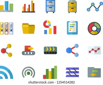 Color flat icon set conveyor flat vector, graphic report, chart, statistics, scatter, statistic, clircle diagram, computer file, point, paper tray, archive, folders for papers, share, broadcast