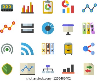 Color flat icon set conveyor flat vector, graphic report, statistics, scatter chart, flipchart, statistic, clircle diagram, folder, point, paper tray, archive, folders for papers, classification