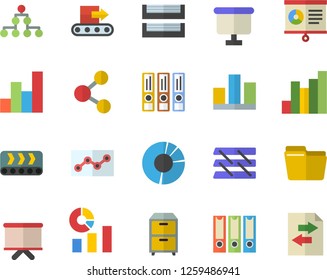 Color flat icon set conveyor flat vector, chart, statistics, flipchart, statistic, clircle diagram, computer file, point, paper tray, archive, folders for papers, classification, share, sharing