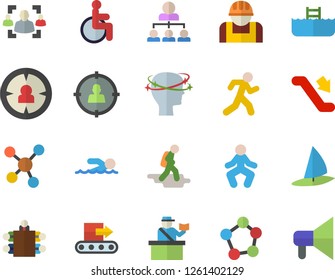 Color flat icon set conveyor flat vector, construction worker, target audience, disabled, headache, molecules, recruitment, meeting, hierarchy, swimming, gymnastics, run, escalator fector, hike