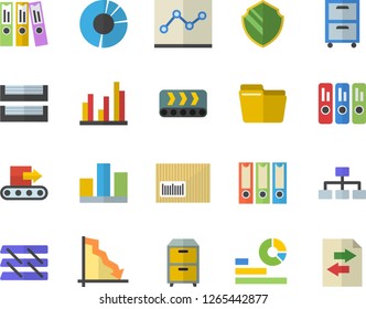Color flat icon set conveyor flat vector, crisis, statistics, barcode, statistic, clircle diagram, computer file, folder, point, paper tray, archive, folders for papers, classification, sharing