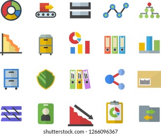 Color flat icon set conveyor flat vector, graphic report, crisis, statistics, scatter chart, barcode, statistic, clircle diagram, folder, paper tray, archive, folders for papers, classification