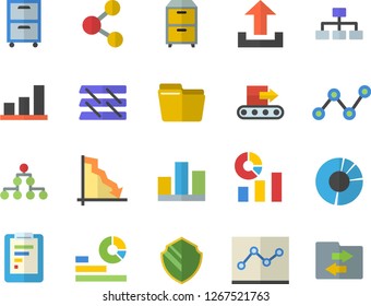 Color flat icon set conveyor flat vector, graphic report, crisis, statistics, scatter chart, statistic, clircle diagram, computer file, point, paper tray, archive, classification, security fector