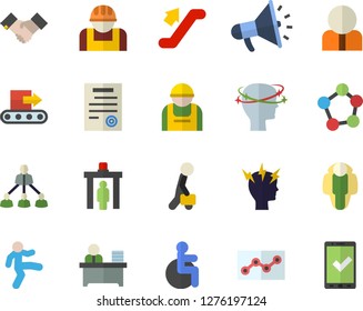 Color flat icon set conveyor flat vector, construction worker, person, mouthpiece, disabled, headache, molecules, office, point diagram, hierarchy, agreement, contract, businessman, gymnastics