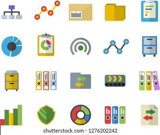 Color flat icon set conveyor flat vector, graphic report, chart, scatter, barcode, clircle diagram, computer file, folder, archive, folders for papers, classification, security fector, broadcast