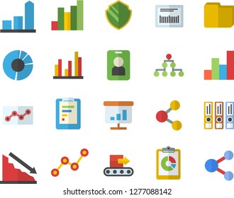 Color flat icon set conveyor flat vector, graphic report, crisis, chart, scatter, barcode, statistic, clircle diagram, computer file, point, folders for papers, classification, security fector, pass