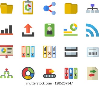 Color flat icon set conveyor flat vector, graphic report, statistics, barcode, chart, clircle diagram, computer file, folder, paper tray, folders for papers, classification, pass fector, share