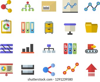 Color flat icon set conveyor flat vector, graphic report, scatter chart, flipchart, barcode, computer file, folder, point diagram, paper tray, archive, folders for papers, classification, share