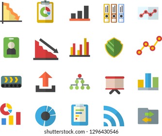 Color flat icon set conveyor flat vector, graphic report, crisis, statistics, scatter chart, flipchart, statistic, clircle diagram, point, folders for papers, classification, security fector, pass