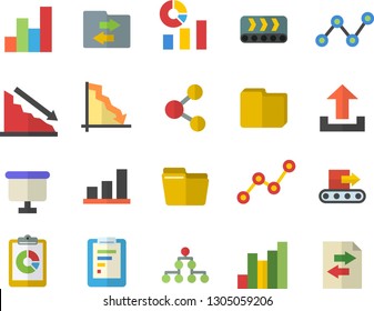 Color flat icon set conveyor flat vector, graphic report, crisis, chart, statistics, scatter, flipchart, computer file, classification, share, upload, sharing