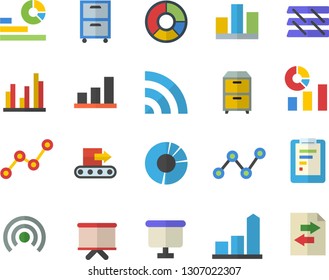 Color flat icon set conveyor flat vector, graphic report, chart, statistics, scatter, flipchart, statistic, clircle diagram, paper tray, archive, broadcast, file sharing
