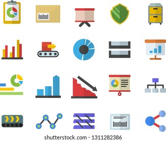 Color flat icon set conveyor flat vector, graphic report, crisis, chart, statistics, scatter, flipchart, barcode, statistic, clircle diagram, paper tray, archive, classification, security fector