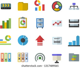 Color flat icon set conveyor flat vector, graphic report, chart, statistics, flipchart, barcode, clircle diagram, computer file, point, paper tray, archive, folders for papers, classification