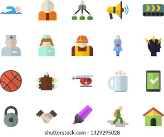 Color flat icon set conveyor flat vector, construction worker, person, marker, physician, headache, helicopter, gestation, nurse, coffee, meeting, hierarchy, agreement, weight, basketball, swimming