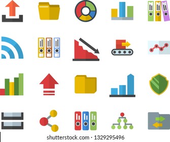 Color flat icon set conveyor flat vector, crisis, chart, statistic, clircle diagram, computer file, folder, point, paper tray, folders for papers, classification, security fector, share, broadcast