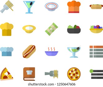 Color flat icon set cook hat flat vector, cookbook, spaghetti, on a fork, hot dog, pizza, dish, salad, soup, cocktail, fector, menu